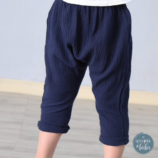 Pantalon Pinocchietto modèle Harem en lin plissé, couleur unie, pour bébés et enfants taille 24 mois - 6 ans en différentes couleurs