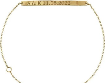 14K Name Engravable Skinny Bar Bracelet, Minimalist Paperclip Chain, Initial Bracelet, 14k Solid Rose, Yellow, White Gold, Gift for Her