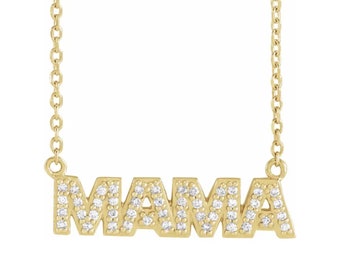 14K Solid Gold Natural Diamond "Mama" Necklace, Mama Script Necklace, Mom Gift, Mother Necklace, Mother's Day Gifts, New Mom Necklace, Gold