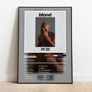 May include: A black and white album cover with the title "blonde" and the artist "Frank Ocean". The cover features a photo of a man with his hand over his face. The album's tracklist is listed below the photo.