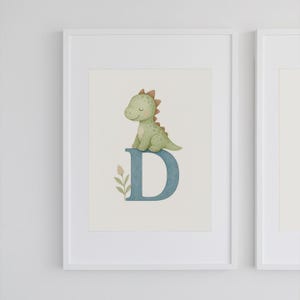 Póster con monograma de dinosaurio - Letra "D" para pared infantil en tonos pastel suaves