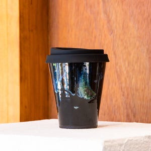 TRAVLA [no. 86] -  8oz Handmade Ceramic Travel Mug Keep Cup w/Heat Band & Silicone Lid