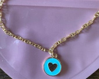 Turquoise heart charm on 18k gold link bracelet