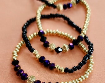 Casual Fashion Beaded Bracelet Stacks | Gold & Black Jewelry | Statement Accessories | Set of 4