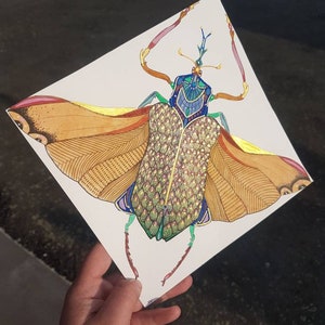 Multicolored and golden insect, gouache and watercolor