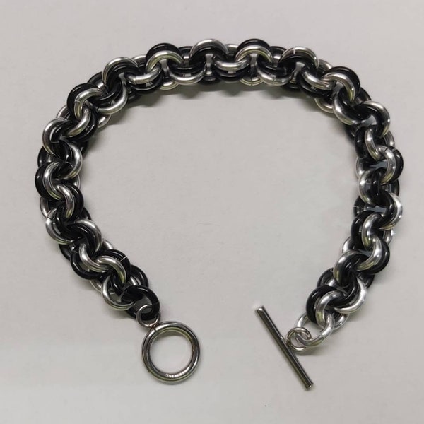 Black and Silver Toned Anodized Aluminum European 4-in-2 Chain Bracelet with Surgical Stainless Toggle Clasp