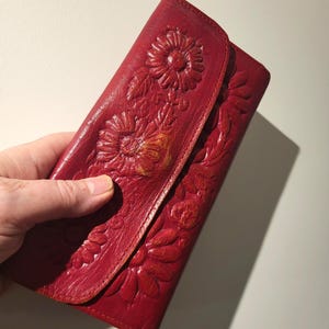Vintage Red Bi-Fold Tooled Wallet with Red Stitching " Zipolite " made in Mexico, 1970's Era, 7 1/2  x 4 inches