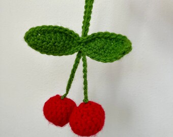 Crochet Cherry Car Charm Hanger Keychain, Cute Crochet Charm, Rear View Mirror Accessories, Amigurumi Crochet Cherries