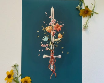 Sword Bouquet - Mini Print | Original Art, Fantasy, Sword, Flower Knight Print