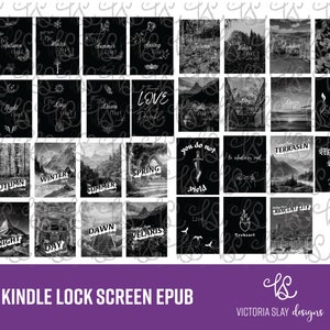 May include: A set of 20 black and white Kindle lock screen images. The images feature a variety of designs, including nature scenes, quotes, and abstract patterns. The text on the images includes "The Autumn Court", "The Winter Court", "The Summer Court", "The Spring Court", "The Night Court", "The Day Court", "The Dawn Court", "Love", "You do not yield", "To whatever end", "Terrasen", "Memento Mori", "Night", "Day", "Dawn", "Velaris", "Live", "Fireheart", "Crescent City", and "Light it up".