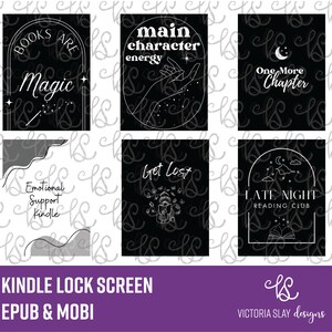 Puede incluir: Una colección de pantallas de bloqueo de Kindle en blanco y negro con varios diseños y texto. Los diseños incluyen frases como "Books are Magic", "Main Character Energy" y "One More Chapter". El banner inferior dice "Kindle Lock Screen EPUB & MOBI".