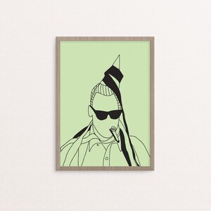 Peut inclure: Un dessin au trait d'une personne portant des lunettes de soleil et un chapeau de fête, sur un fond vert.
