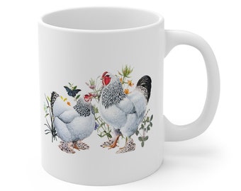 Floral Brahma Chicken Mug, Cottagecore Coffee Cup, Nature, Farm Life