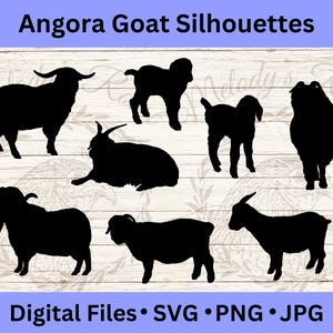 May include: A set of 8 black silhouette images of Angora goats in various poses. The goats are all facing different directions and have different body shapes. The images are perfect for use in crafting projects, scrapbooking, or digital design.