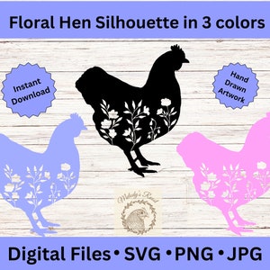 花柄ファームハウスチキンSVG、農場ライフSVG、チキンシルエットPNG、花柄ファーム動物、雌鶏SVG