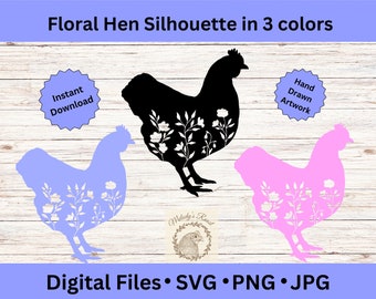 Floral Chicken Silhouette SVG, Farm Animal PNG (Digital Download)