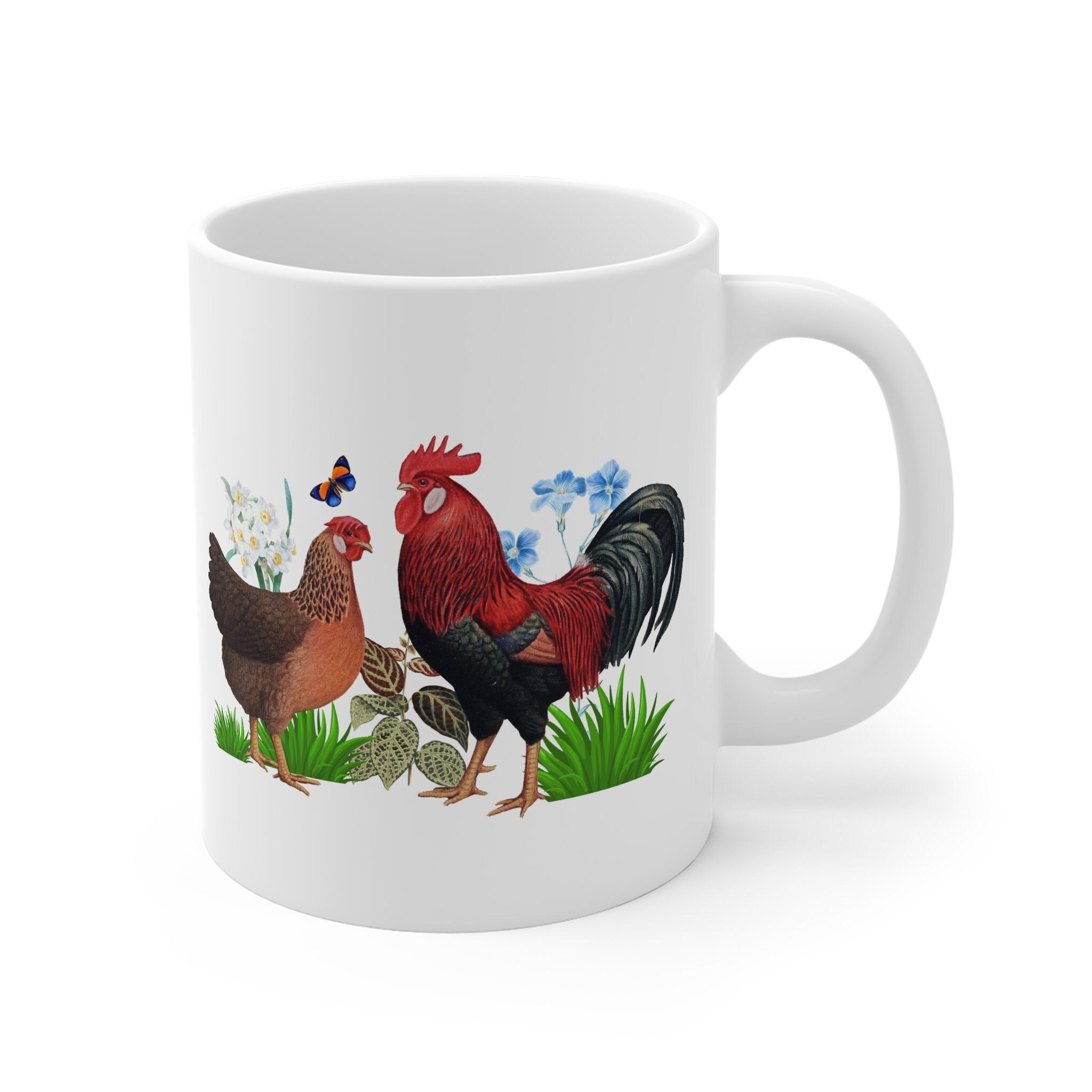 Chicken Ceramic Reusable Coffee Cup, Leghorn Rooster and Hen, Farm Coffee Mug