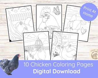 Printable Chickens Coloring Sheets, Digital Download, Coloring Pages for Kids or Adults, PDF Format