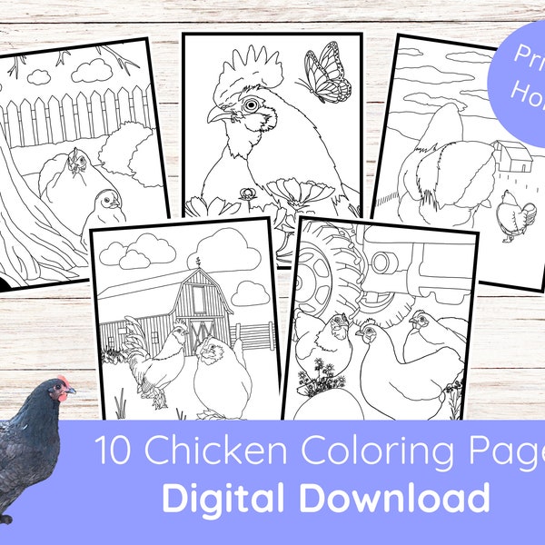 Printable Chickens Coloring Sheets, Digital Download, Coloring Pages for Kids or Adults, PDF Format