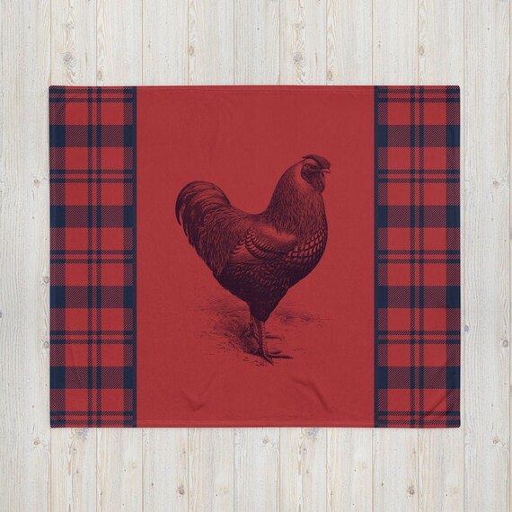 Buffalo Plaid Vintage Decor Blanket Rustic Rooster Red Cottage