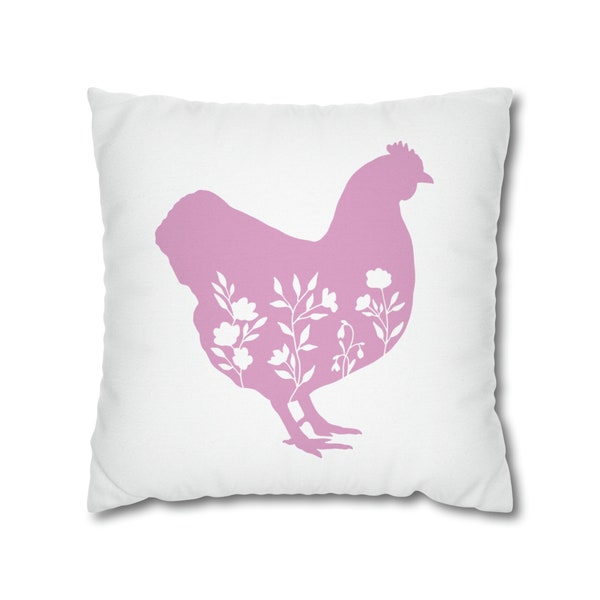 Farm House Chic Throw Pillow Cover, Pink Floral Hen Silhouette, Chicken Home Decor, Apartment Gift