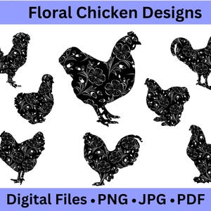 Cyfrowe Cliparty Kwiatowe Kurczaka, Grafika Koguta i Kury, Wzory Sublimacji Farm, Wydrukowane PNG Kurczaka