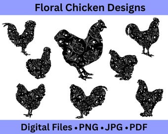 Floral Chicken Digital Clipart, Rooster & Hen Artwork, Farm Sublimation Designs, Printable Chicken PNGs