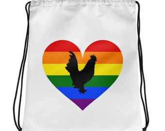 Rainbow Chicken Bag, Black Drawstring Backpack, Gay Pride, Rooster