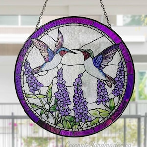 Hummingbirds And Lavender Flowers Stained Glass Suncatcher, Stained Glass Birds, Wall Hanging Sun Catcher, Gift for Her, Gift for Mom