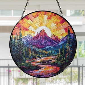 Mountain Range Stained Glass Suncatcher, SunSet Stained Glass Window Hanging, Mountains Window Decor Gift For Mother, Home Decor for Her