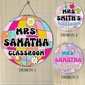 Personalized 2D/3D Teacher Door Hanger, Groovy Classroom Decor For Teacher, Custom Name Teacher Disco Ball Door Sign, Teacher Gift Wood Sign