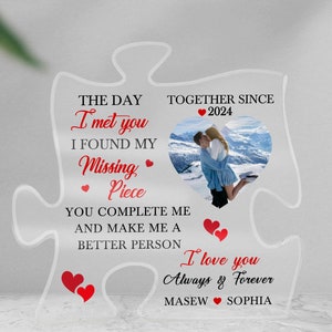 Valentine&#39;s Day Gift, Gift for Girlfriend Boyfriend, Missing Puzzle Piece Acrylic Plaque, Custom Name and Photo Gift, Keepsake for Couple