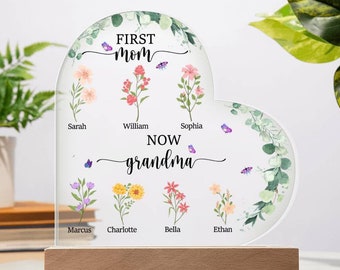 First Mom Now Grandma Acrylic Plaque, Flowers Plaque Keepsake For Grandma, Personalized Mother's Day Gift For Grandma, Nana Gift Keepsake