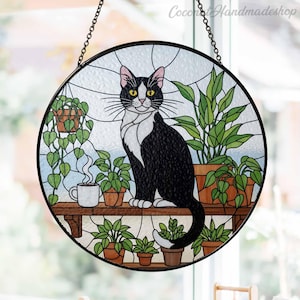 Tuxedo Cat Glass Suncatcher, Tuxedo Cat On Bookshelf Wall Decor, Cat With Plants Glass Art Decor, Cat Lover Gift, Plants Lover Ornament