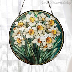 Birth Month Narcissus Flower Glass Suncatcher, Narcissus December Flower Window Hanging, Gift For Planting Lover, Flower Glass Suncatcher
