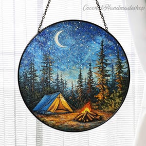 Camping in the Starry Sky Glass Suncatcher, Window Hanging Decor, Campfire Under the Stars, Camper Wall Decor, Scenic Nature Decor