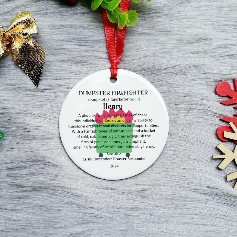 Funny Dumpster Firefighter Ornament for Boss, Christmas Coworker Gift