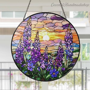 Violet Flower Field Glass Suncatcher, February Birth Month Flower Glass Window Hanging, Art Gift for Flowers Lovers, Housewarming Gift