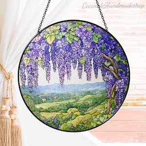 Wisteria Tree Branch Glass Suncatcher, Wisteria Branch Suncatcher Gift for Mom, Wisteria Flowers Window Hanging Panel, Garden Flower Gift