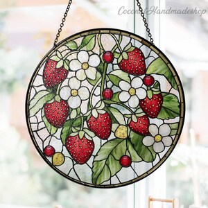 Strawberry Branch Glass Suncatcher, Strawberry Window Hanging, Berry Lover Gift, Fruit Lover Gift, Garden Home Decor, Floral Suncatcher
