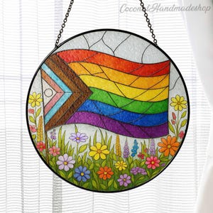 Progress Pride Flag Glass Suncatcher, LGBTQ+ Rainbow Window Hanging with Flowers, Colorful Round Pride Decor Gift, LGBTQ Sun Catcher