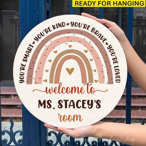 Personalized Teacher Classroom Door Sign, Teacher Appreciation Gift, Welcome To Teacher Room Sign, Wooden Rainbow Teacher Classroom Decor