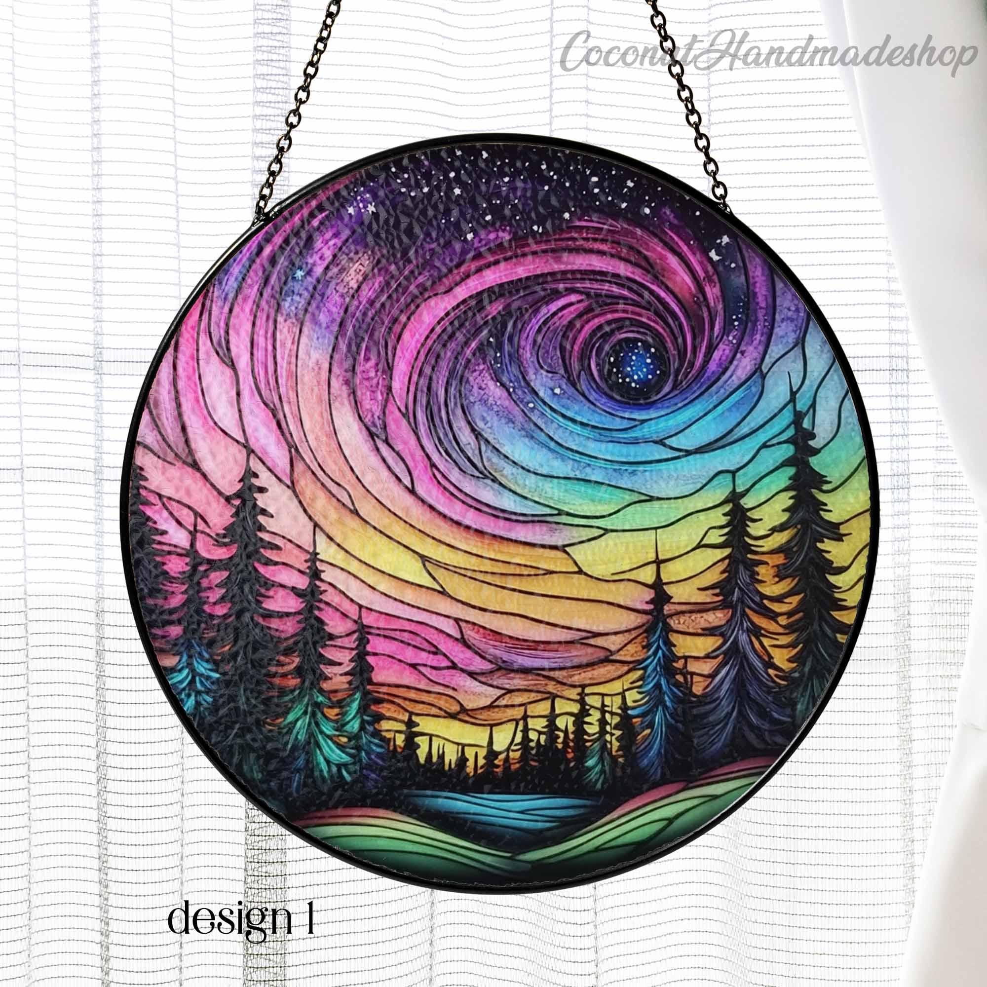 Aurora Glass Suncatcher, Forest Aurora Suncatcher, Glass Art for Nature Lover, Northern Aurora Stained Glass, Stunning Nature Landscape