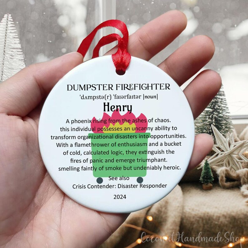 Funny Dumpster Firefighter Ornament for Boss, Christmas Coworker Gift