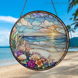 Beach Glass Suncatcher, Starfish Coastal Window Decor, Seashell & Ocean Sunset Suncatcher, Summer Lover Gift, Beach Lover Home Decor