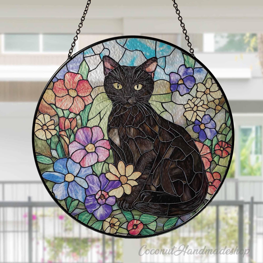 Black Cat Flower Stained Glass Suncatcher, Cat Glass Art, Cat Window ...