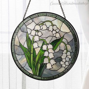 Lily of the Valley Glass Suncatcher,  Spring Flower Home Decor, Round Window Hanging, New House Decor, Lily Flowers Ornament