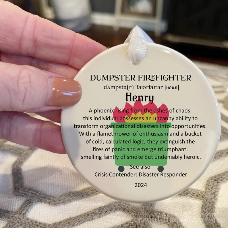 Funny Dumpster Firefighter Ornament for Boss, Christmas Coworker Gift