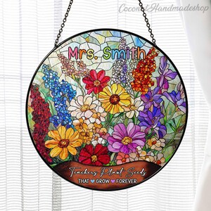 Personalized Teacher Glass Suncatcher, Teacher Appreciation Gift From Student, Back To School Gift, Teacher Flower Window Hanging Classroom