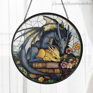 Fantasy Dragon With Books Glass Suncatcher, 4th Wings Gift For Bookworm, Dragon Lover Ornament, Bookish Home Decor, Dragon Glass Art